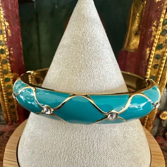 Turquoise Enamel Wave Hinged Bangle Bracelet - Picture 2 of 6